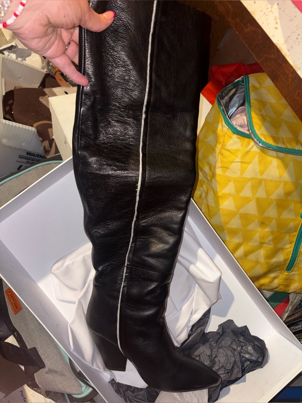 IRO Black Leather Knee-High Boots with White Piping